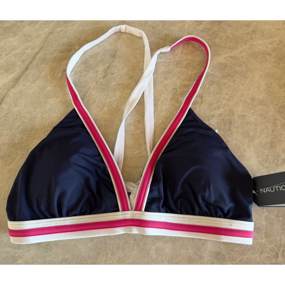 NWT Nautica Womens Navy Blue Pink White Striped Triangle Bikini Swim Top Lg